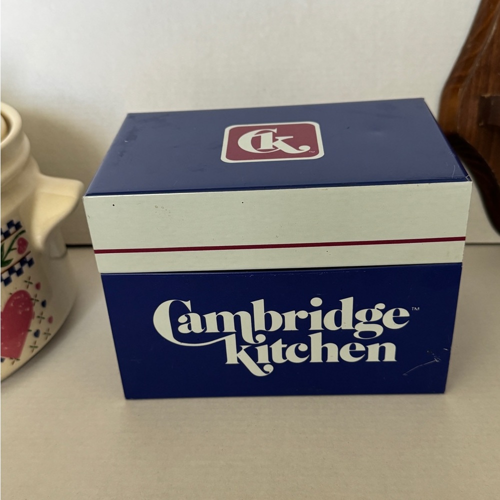 Vintage Blue and White Metal Recipe Box Cambridge Kitchen Graphic Cottagecore